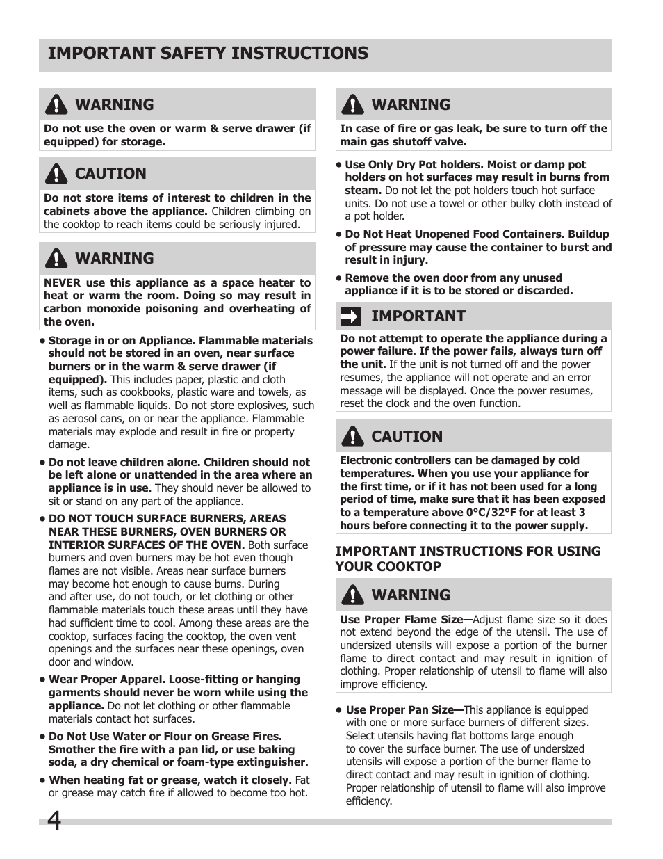 Important safety instructions, Warning, Caution | Important | FRIGIDAIRE 318205854 User Manual | Page 4 / 38