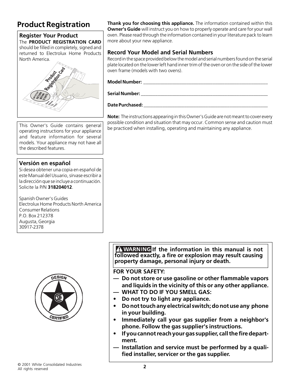 Product registration | FRIGIDAIRE Gas Wall Oven User Manual | Page 2 / 20