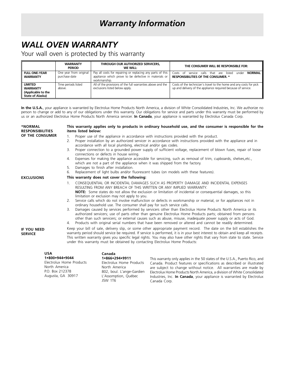 Warranty information wall oven warranty, Your wall oven is protected by this warranty | FRIGIDAIRE Gas Wall Oven User Manual | Page 20 / 20