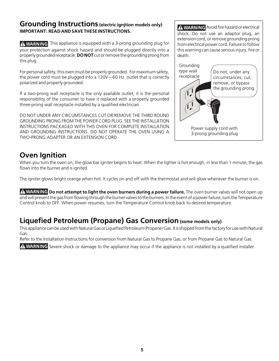 Grounding instructions, Oven ignition, Liquefied petroleum (propane) gas conversion | FRIGIDAIRE Gas Wall Oven User Manual | Page 5 / 20