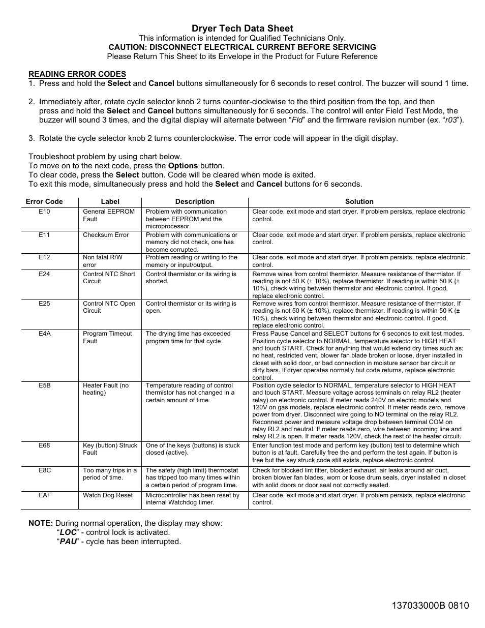 FRIGIDAIRE 137033000B 0810 User Manual | 8 pages