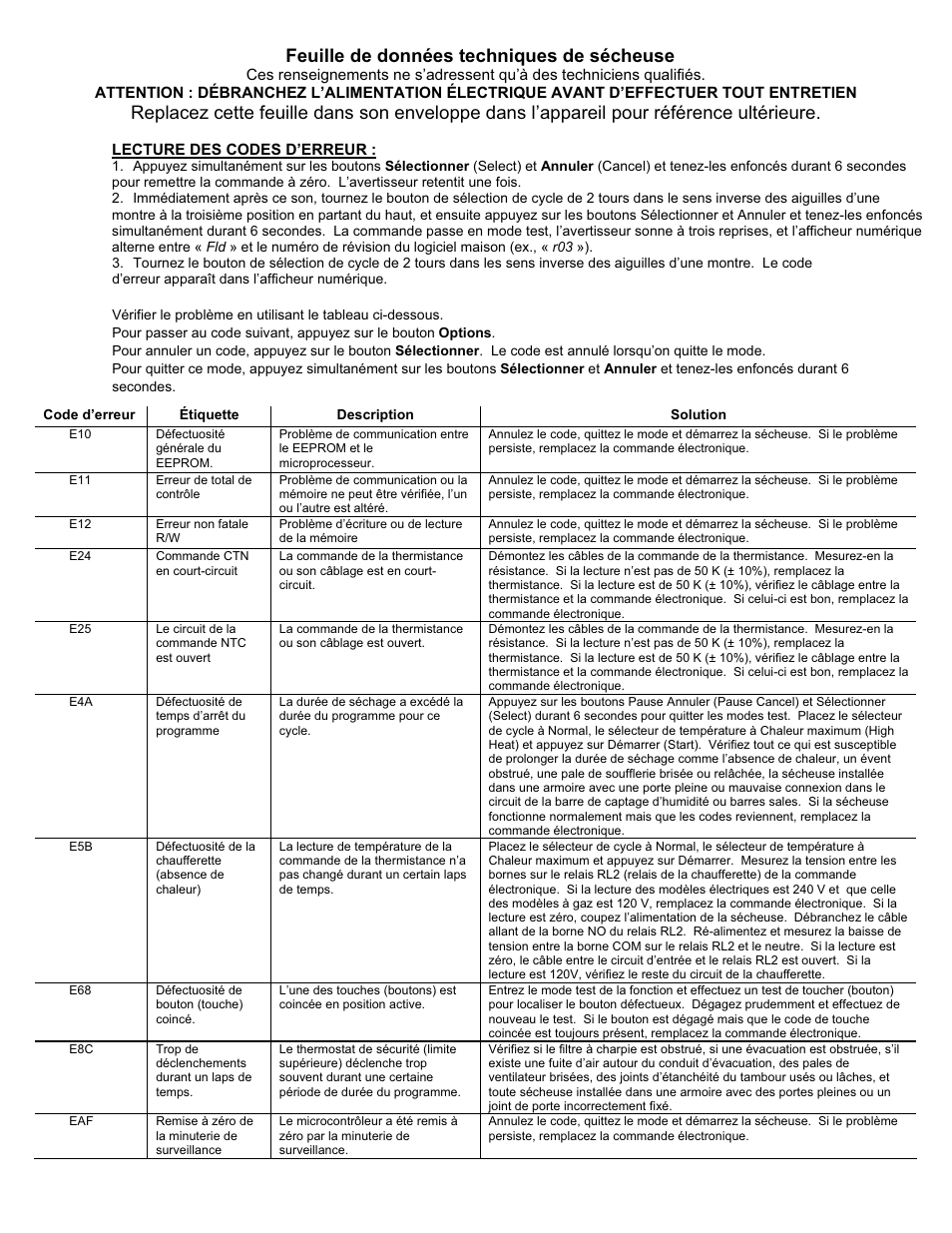 Feuille de données techniques de sécheuse | FRIGIDAIRE 137033000B 0810 User Manual | Page 3 / 8