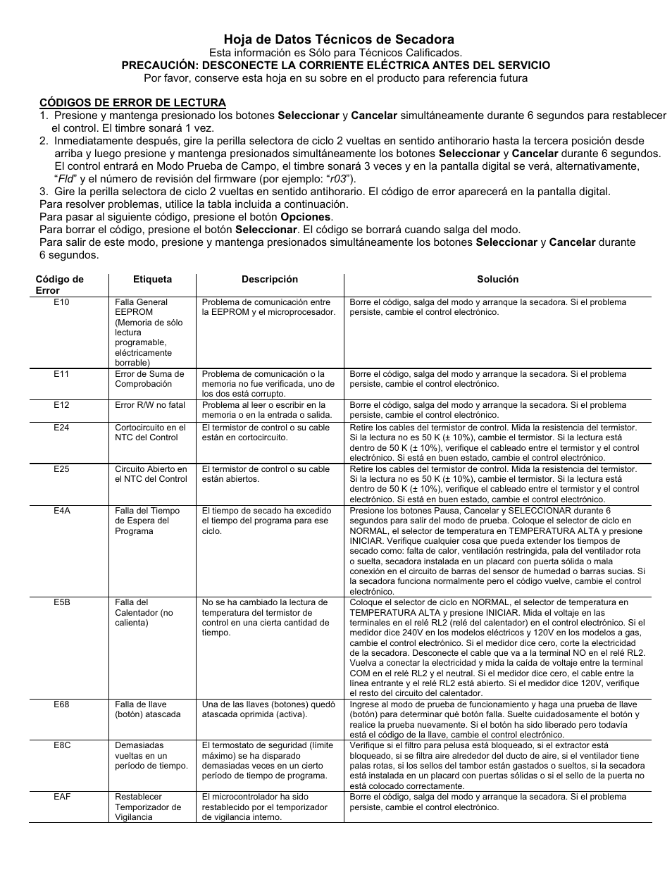 Hoja de datos técnicos de secadora | FRIGIDAIRE 137033000B 0810 User Manual | Page 5 / 8