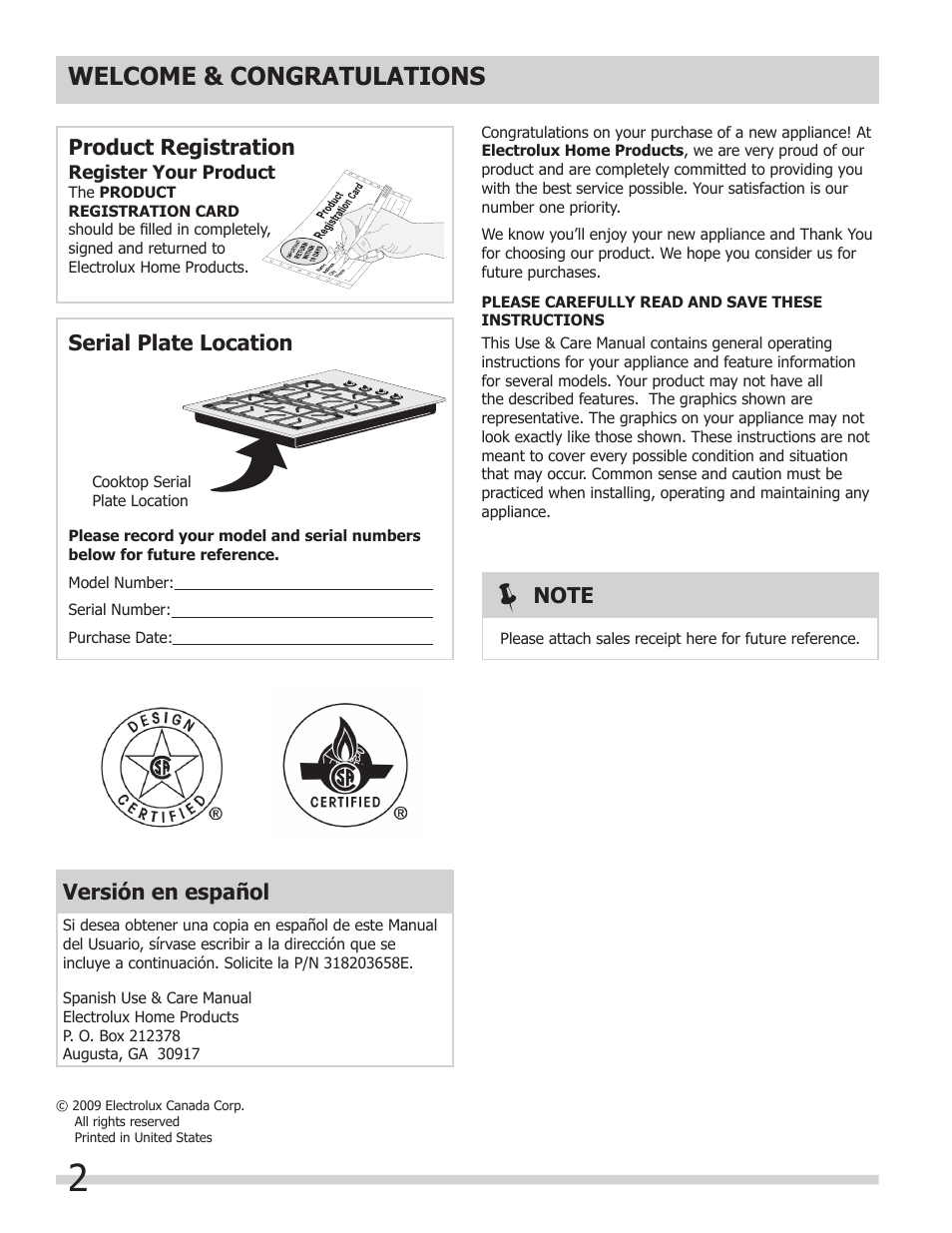 Versión en español, Product registration serial plate location | FRIGIDAIRE 318203658 User Manual | Page 2 / 12