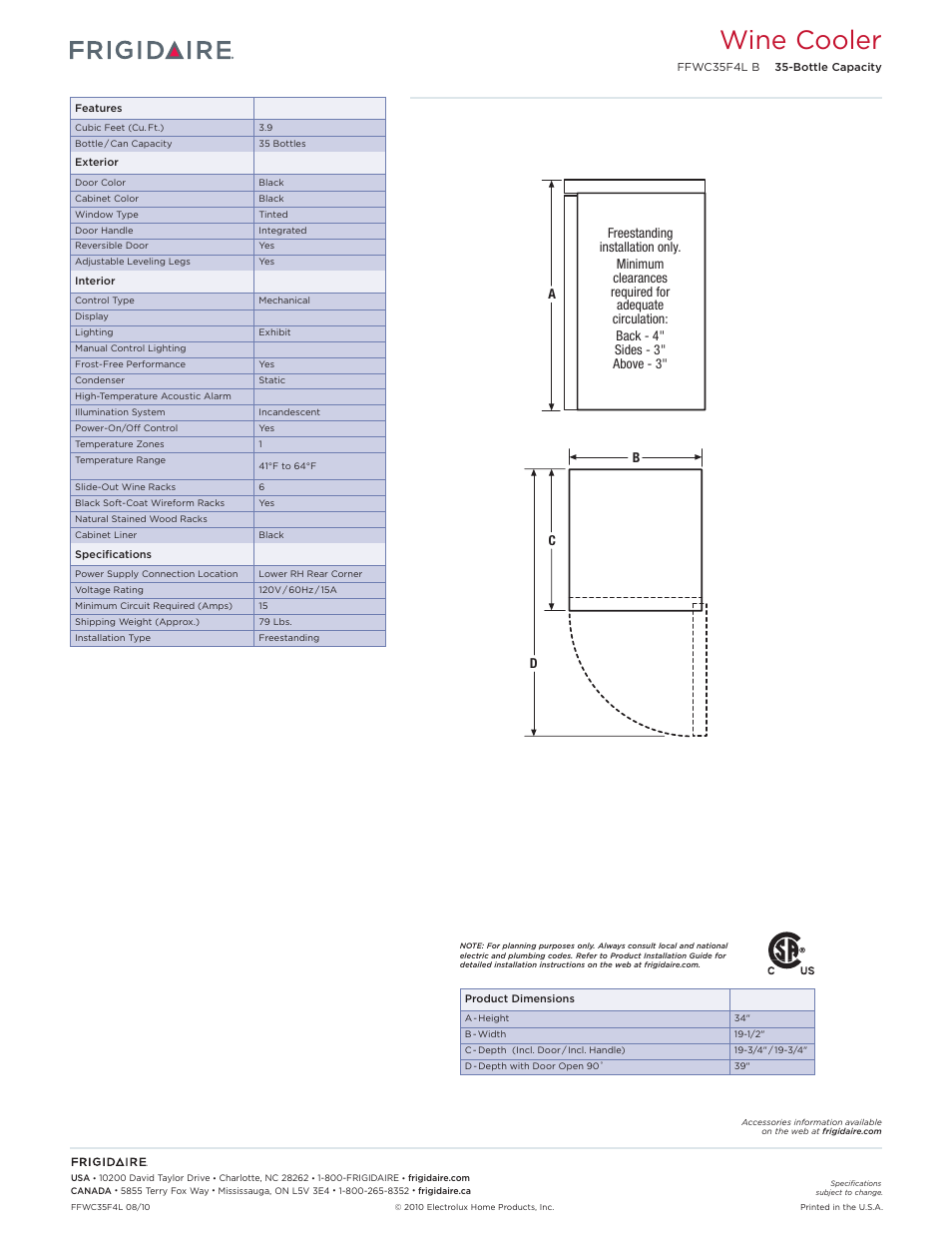 Wine cooler (no handle) frigidaire baseline, Wine cooler | FRIGIDAIRE FFWC35F4L B User Manual | Page 2 / 2