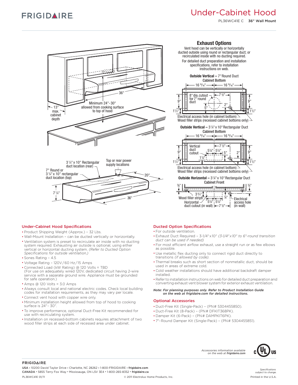Under-cabinet hood, Exhaust options | FRIGIDAIRE PL36WC41EC User Manual | Page 2 / 4