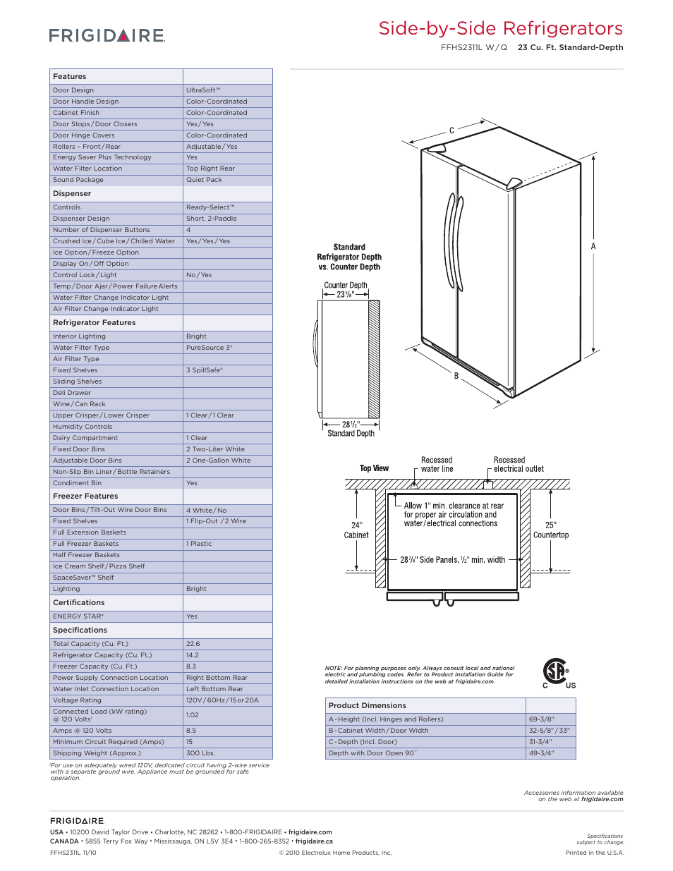 Side-by-side refrigerators | FRIGIDAIRE FFHS2311L W/Q User Manual | Page 2 / 3