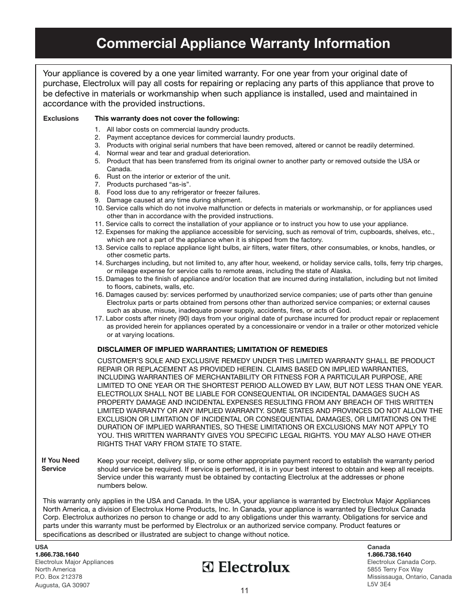 Commercial appliance warranty information | FRIGIDAIRE GLASS DOOR REFRIGERATOR User Manual | Page 11 / 11