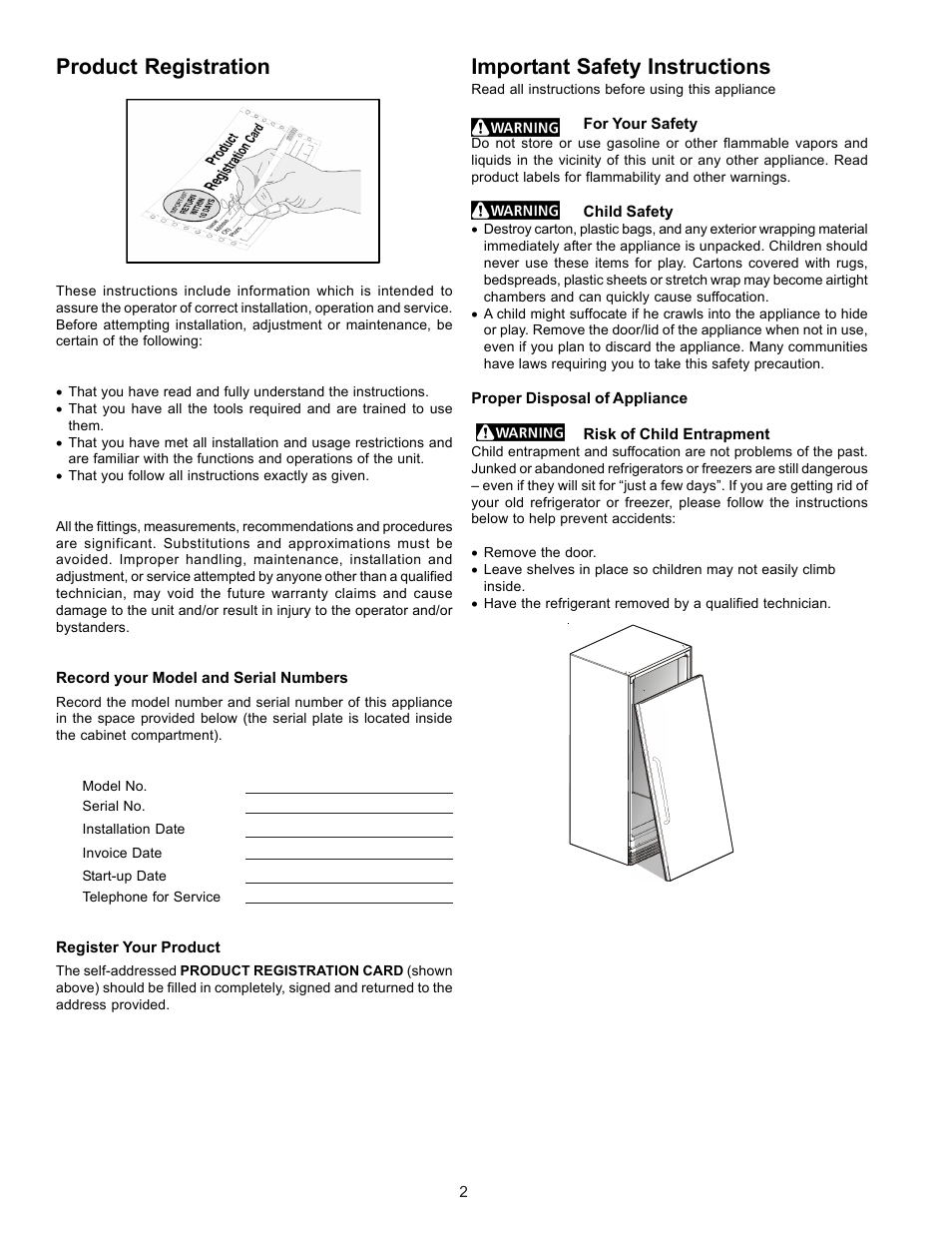 Product registration, Important safety instructions | FRIGIDAIRE GLASS DOOR REFRIGERATOR User Manual | Page 2 / 11