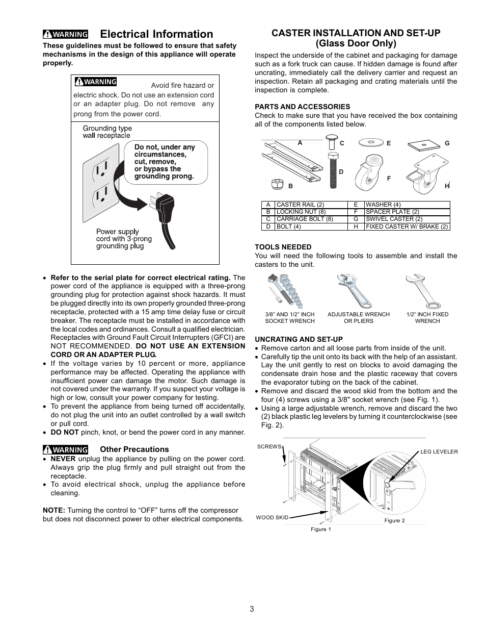 Electrical information, Caster installation and set-up (glass door only) | FRIGIDAIRE GLASS DOOR REFRIGERATOR User Manual | Page 3 / 11