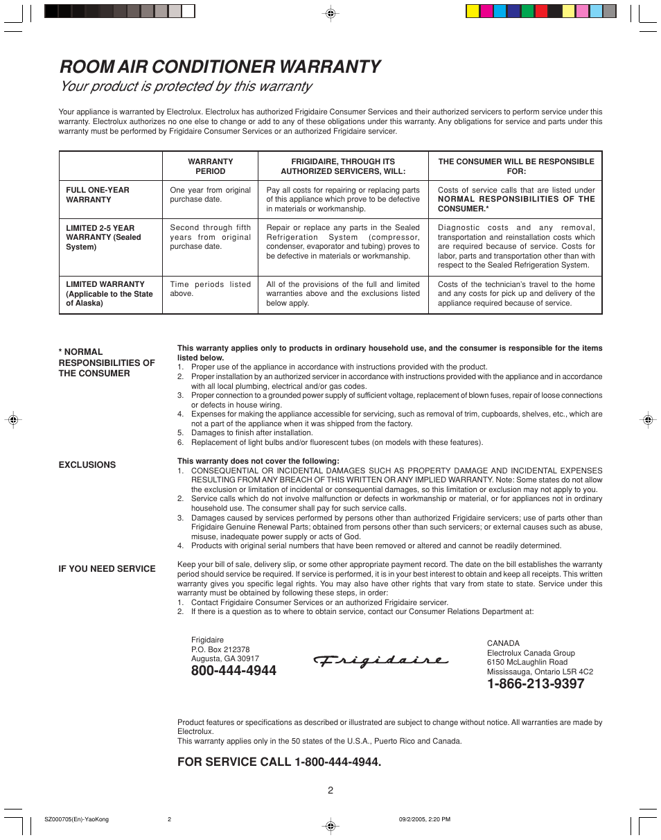 Room air conditioner warranty, Your product is protected by this warranty | FRIGIDAIRE 220218A028 User Manual | Page 2 / 12