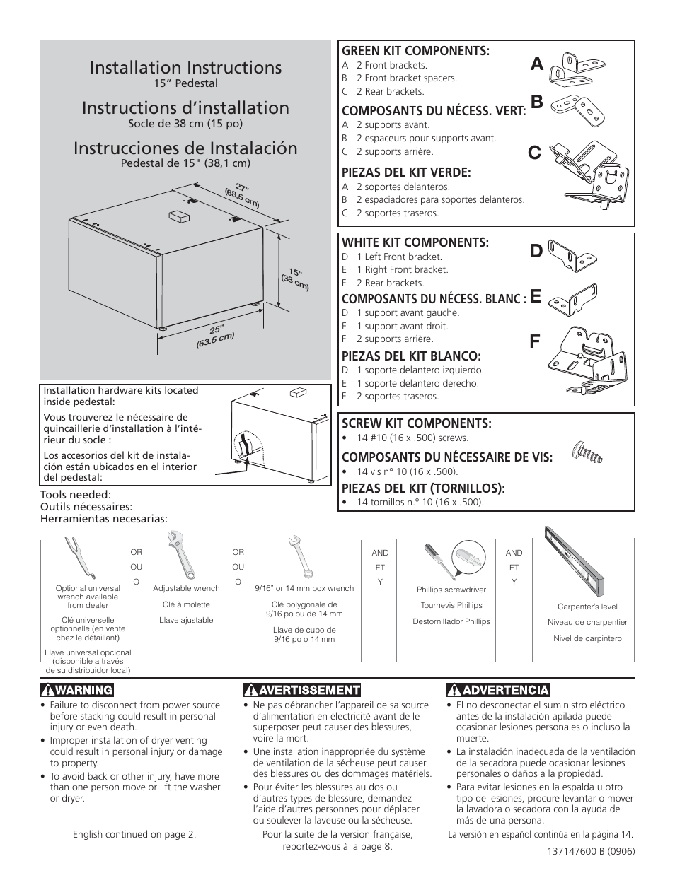 FRIGIDAIRE 137147600 B (0906) User Manual | 20 pages