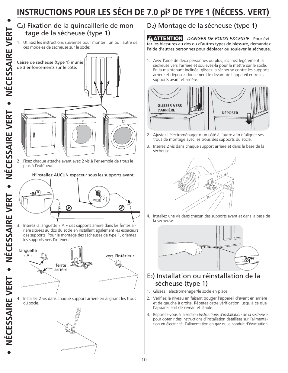 Montage de la sécheuse (type 1) e | FRIGIDAIRE 137147600 B (0906) User Manual | Page 10 / 20