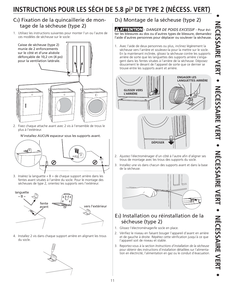 Montage de la sécheuse (type 2) e | FRIGIDAIRE 137147600 B (0906) User Manual | Page 11 / 20
