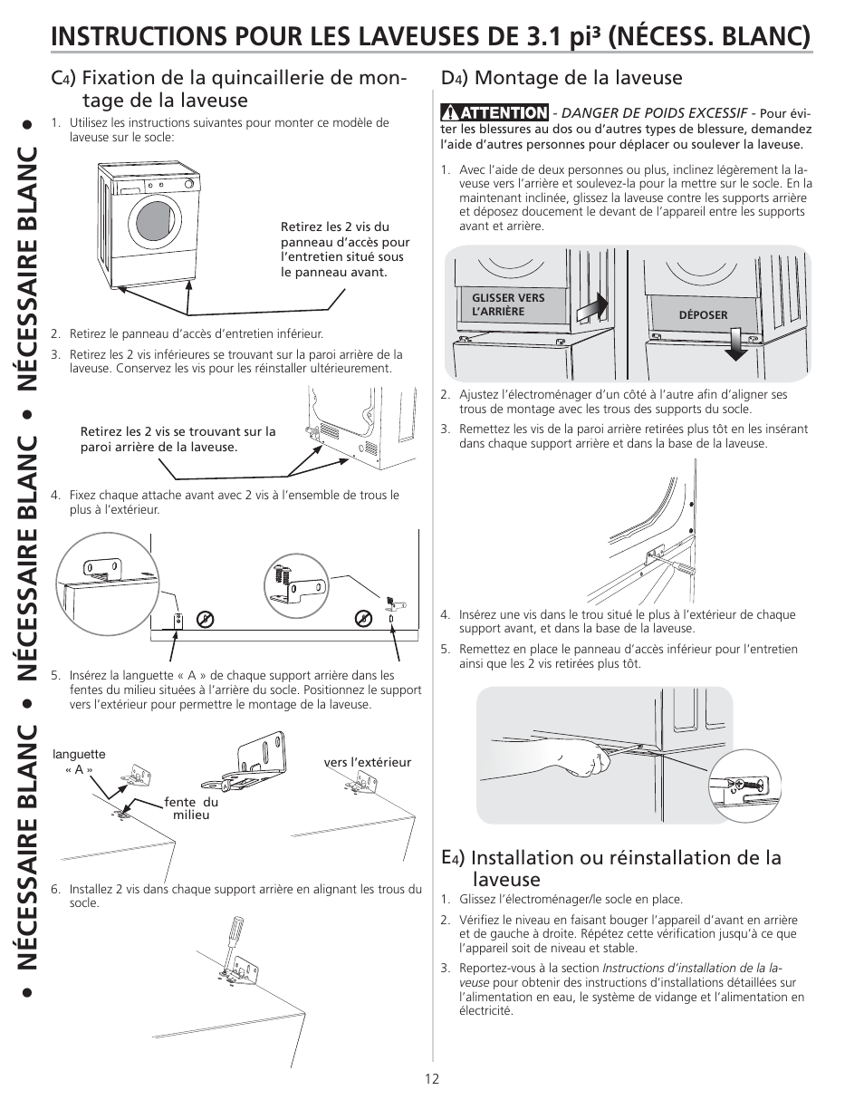 Montage de la laveuse e, Installation ou réinstallation de la laveuse | FRIGIDAIRE 137147600 B (0906) User Manual | Page 12 / 20