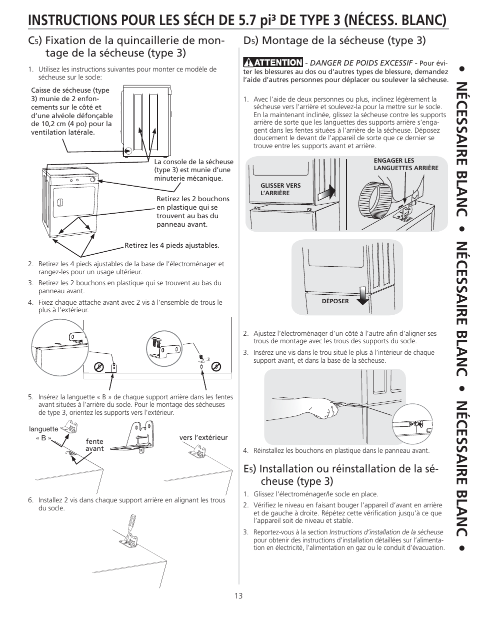Montage de la sécheuse (type 3) e | FRIGIDAIRE 137147600 B (0906) User Manual | Page 13 / 20