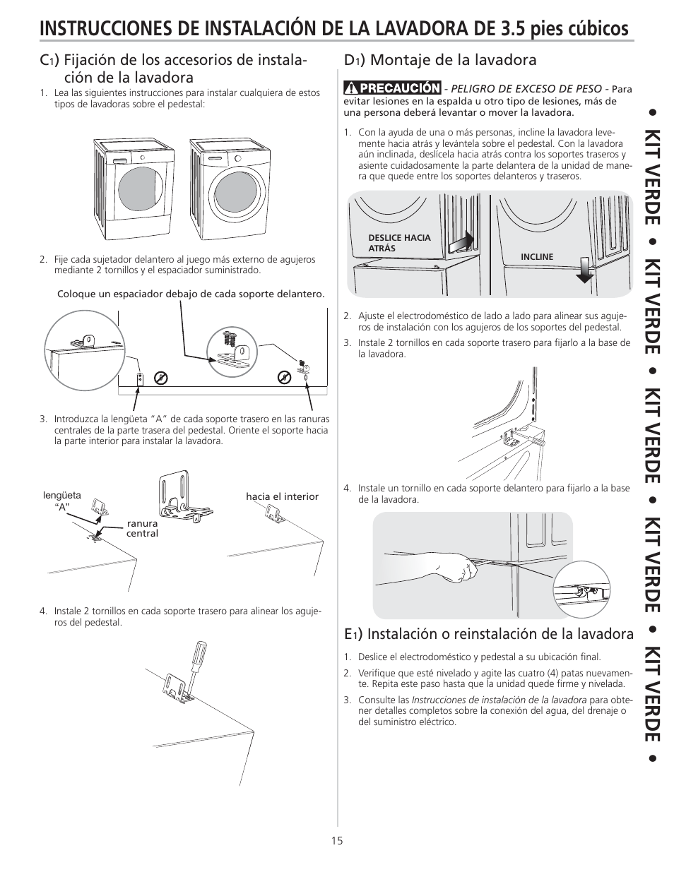 Montaje de la lavadora e, Instalación o reinstalación de la lavadora | FRIGIDAIRE 137147600 B (0906) User Manual | Page 15 / 20