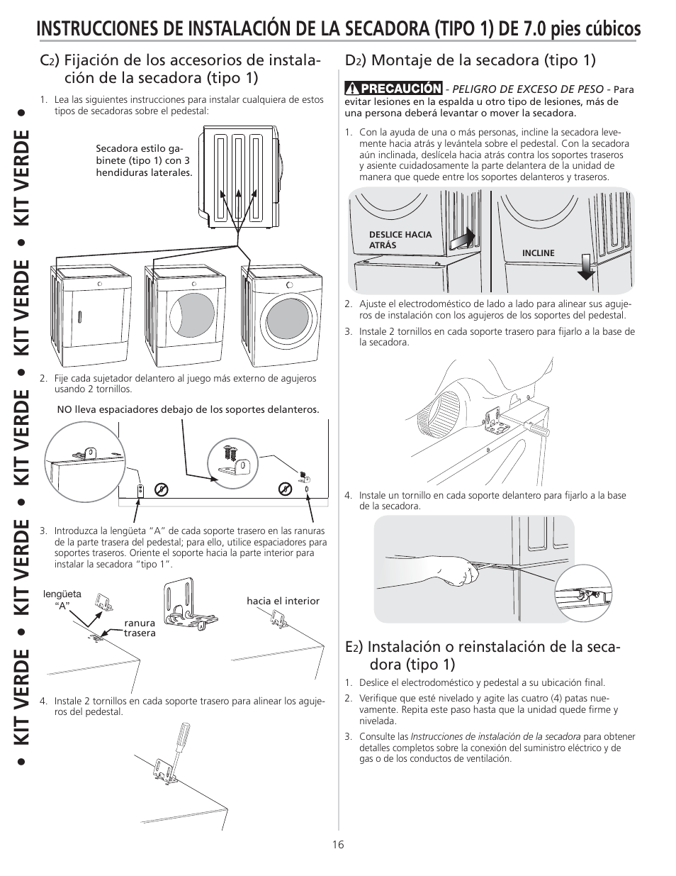 Montaje de la secadora (tipo 1) e | FRIGIDAIRE 137147600 B (0906) User Manual | Page 16 / 20