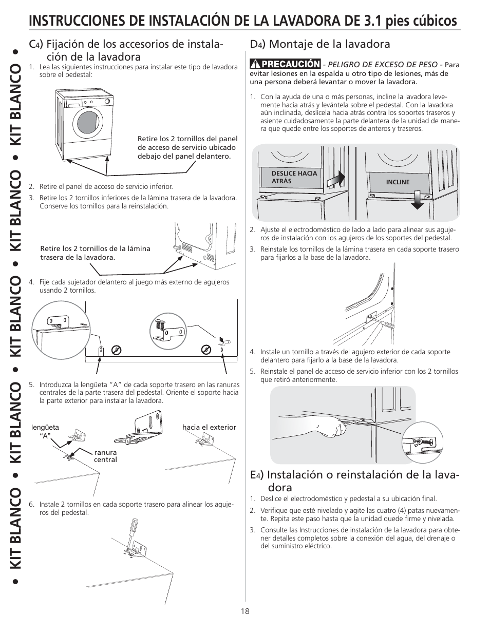 Montaje de la lavadora e, Instalación o reinstalación de la lava- dora | FRIGIDAIRE 137147600 B (0906) User Manual | Page 18 / 20