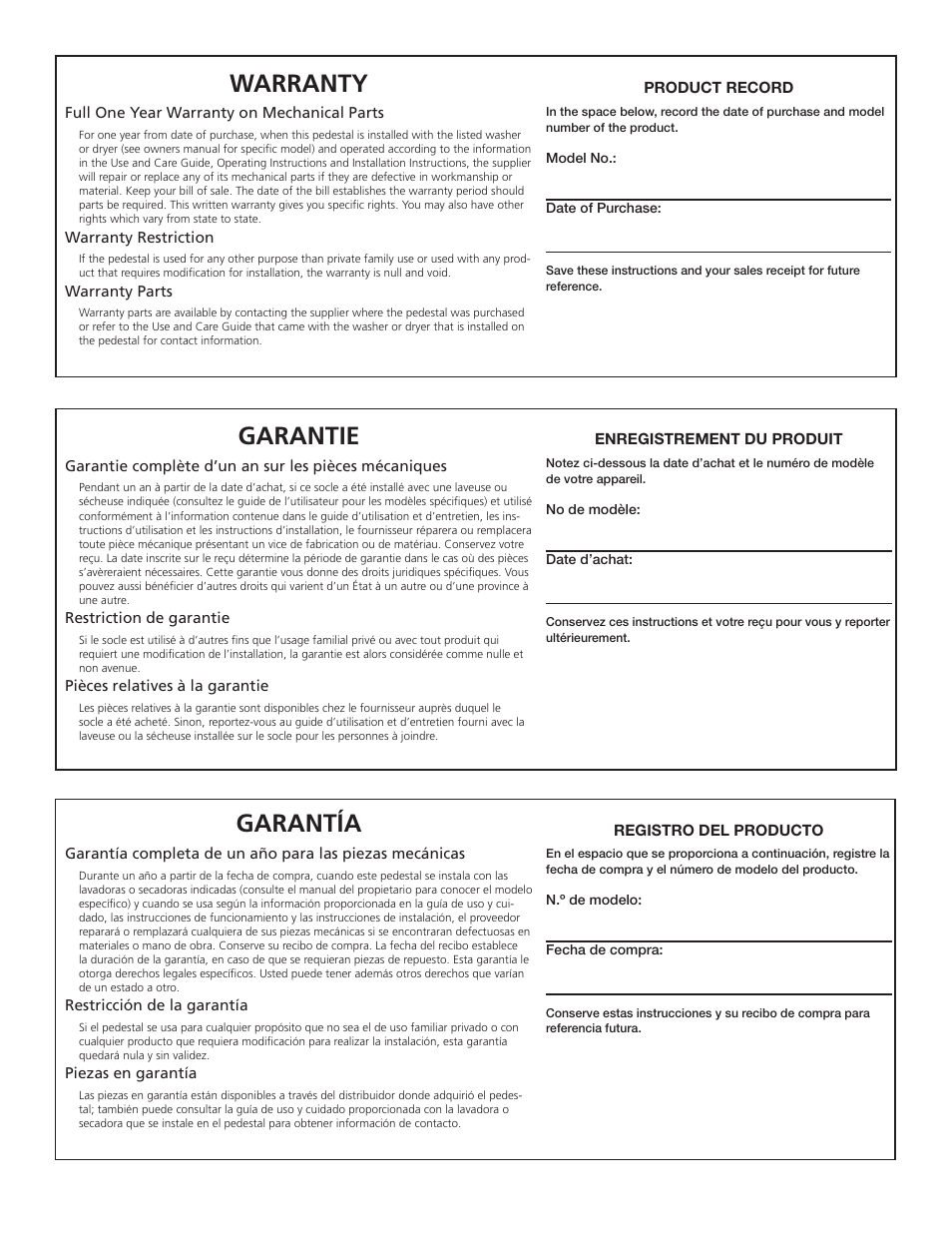 Garantía, Warranty, Garantie | FRIGIDAIRE 137147600 B (0906) User Manual | Page 20 / 20