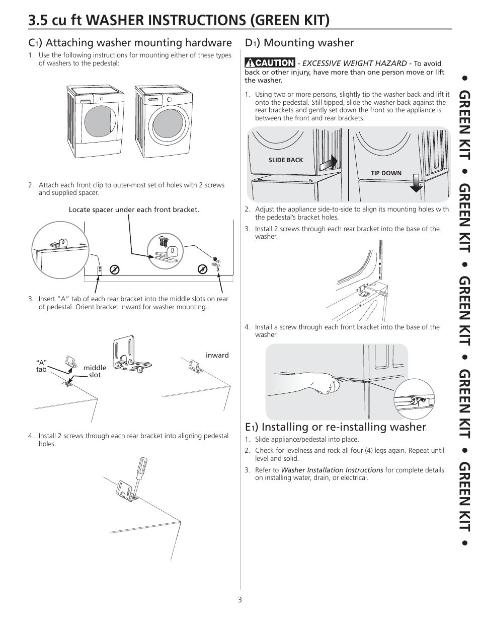 5 cu ft washer instructions (green kit), Attaching washer mounting hardware, Mounting washer e | Installing or re-installing washer | FRIGIDAIRE 137147600 B (0906) User Manual | Page 3 / 20