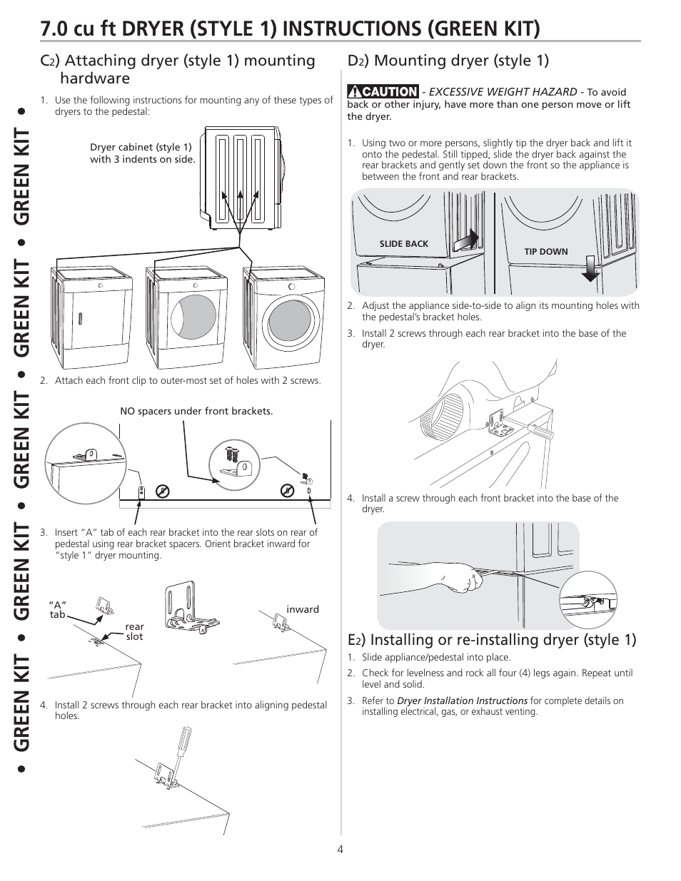 0 cu ft dryer (style 1) instructions (green kit), Attaching dryer (style 1) mounting hardware d, Mounting dryer (style 1) e | Installing or re-installing dryer (style 1) | FRIGIDAIRE 137147600 B (0906) User Manual | Page 4 / 20