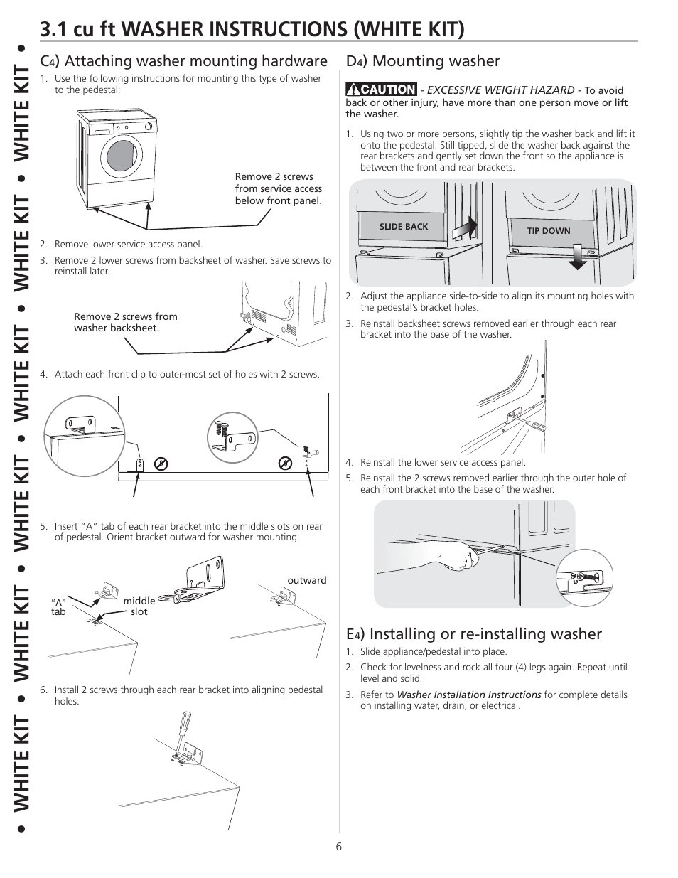 1 cu ft washer instructions (white kit), Attaching washer mounting hardware, Mounting washer e | Installing or re-installing washer | FRIGIDAIRE 137147600 B (0906) User Manual | Page 6 / 20