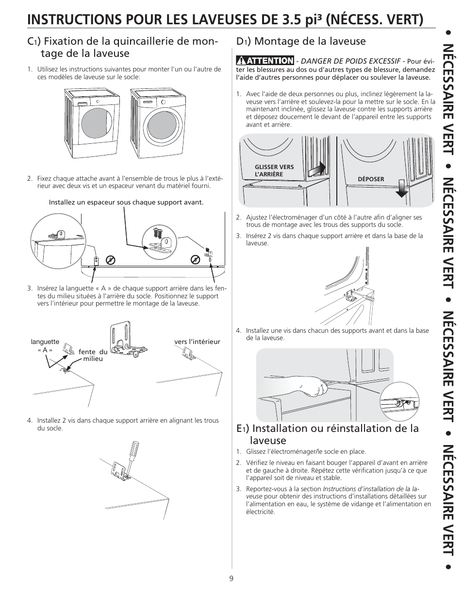 Montage de la laveuse e, Installation ou réinstallation de la laveuse | FRIGIDAIRE 137147600 B (0906) User Manual | Page 9 / 20