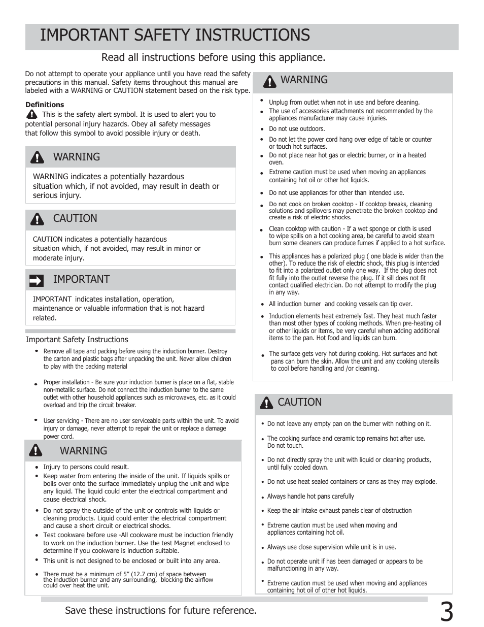 Important safety instructions, Read all instructions before using this appliance, Warning caution important warning | Caution, Warning, Save these instructions for future reference | FRIGIDAIRE FGIC13P3KS User Manual | Page 3 / 10