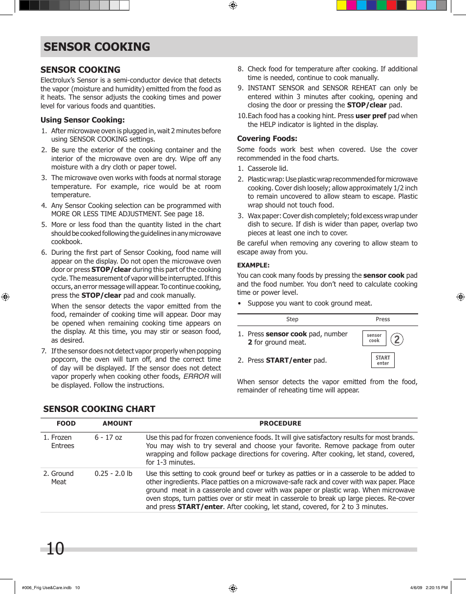 Sensor cooking | FRIGIDAIRE 316495059 User Manual | Page 10 / 21