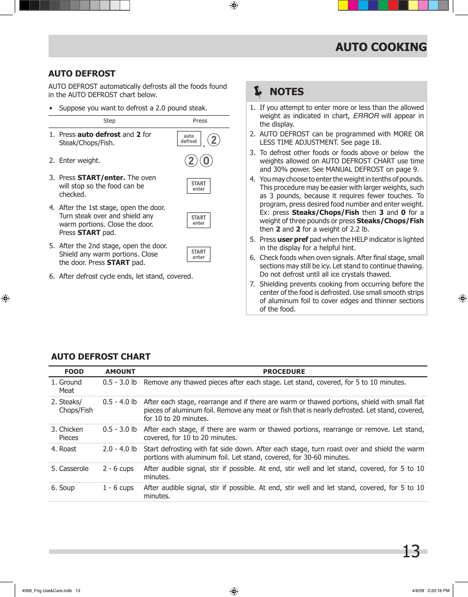 Auto cooking | FRIGIDAIRE 316495059 User Manual | Page 13 / 21