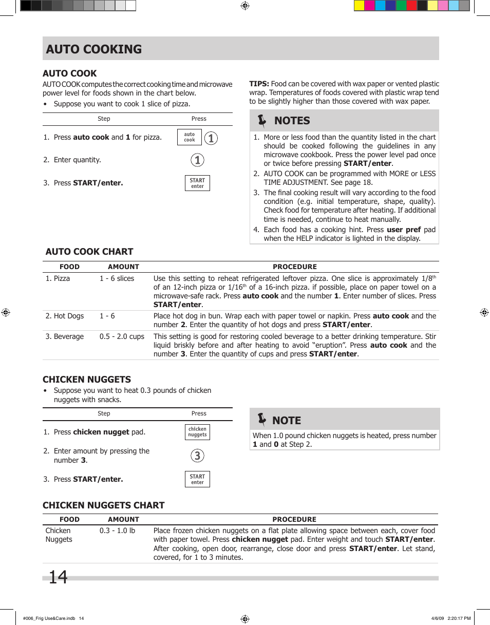 Auto cooking | FRIGIDAIRE 316495059 User Manual | Page 14 / 21