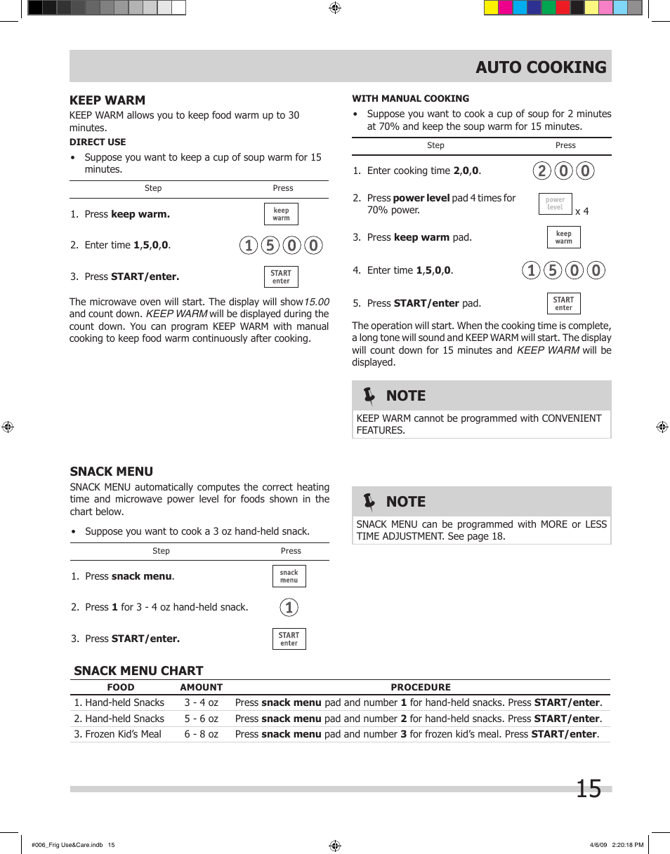 Auto cooking | FRIGIDAIRE 316495059 User Manual | Page 15 / 21