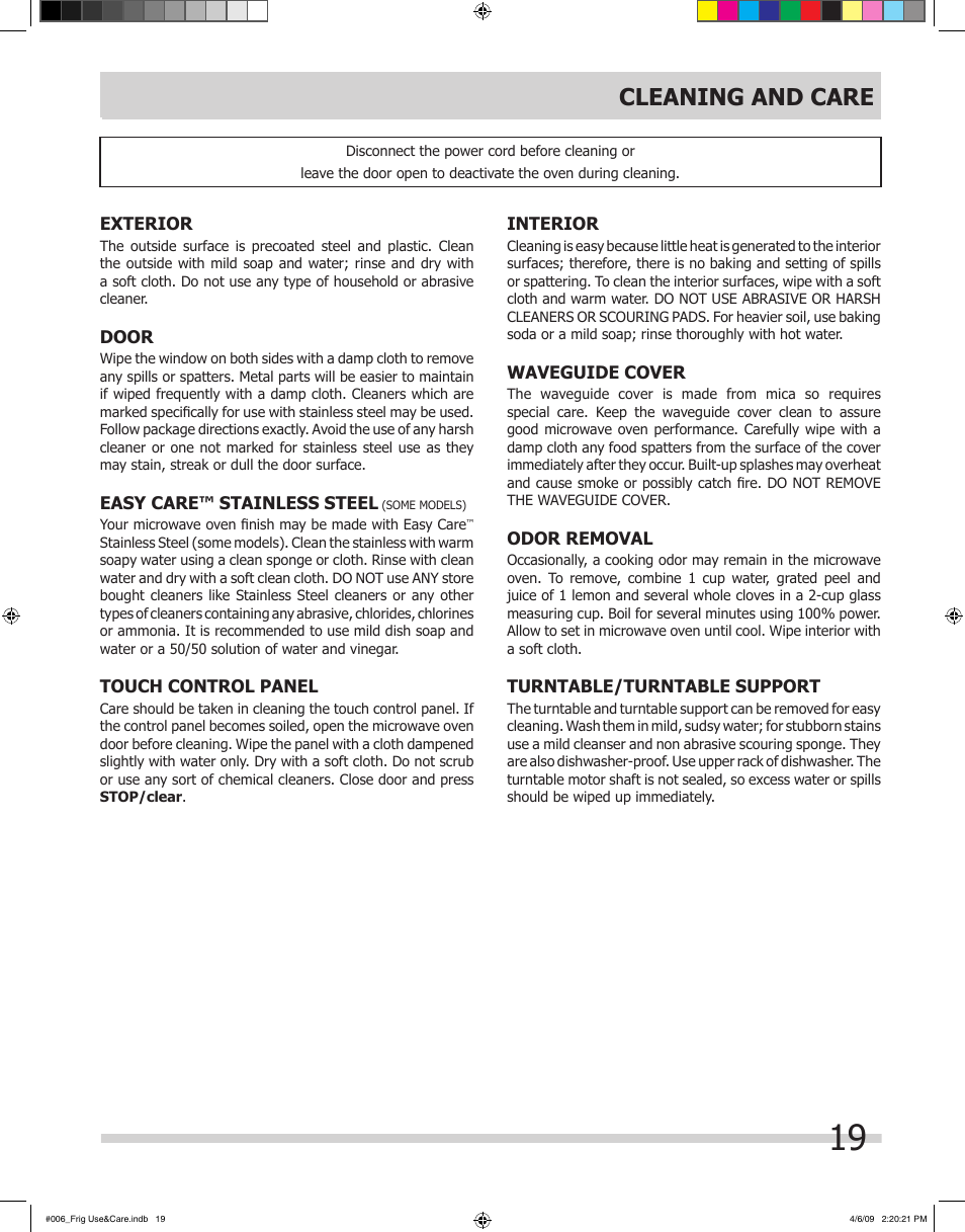 Cleaning and care | FRIGIDAIRE 316495059 User Manual | Page 19 / 21