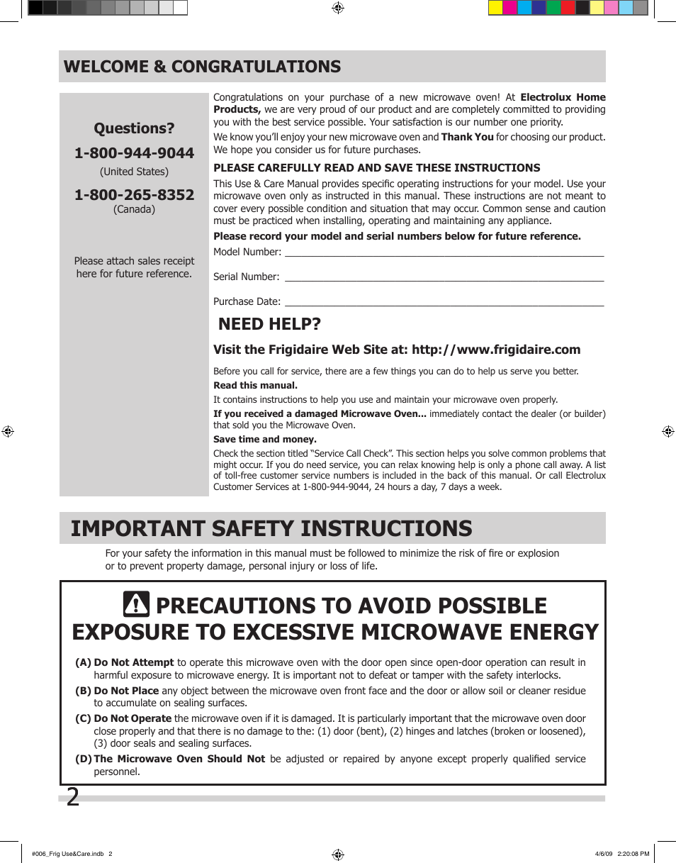 Important safety instructions, Need help | FRIGIDAIRE 316495059 User Manual | Page 2 / 21