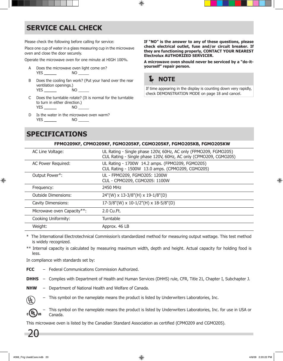 Service call check, Specifications | FRIGIDAIRE 316495059 User Manual | Page 20 / 21