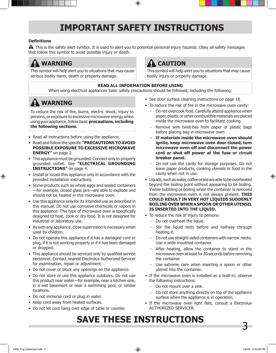 Warning, Caution | FRIGIDAIRE 316495059 User Manual | Page 3 / 21