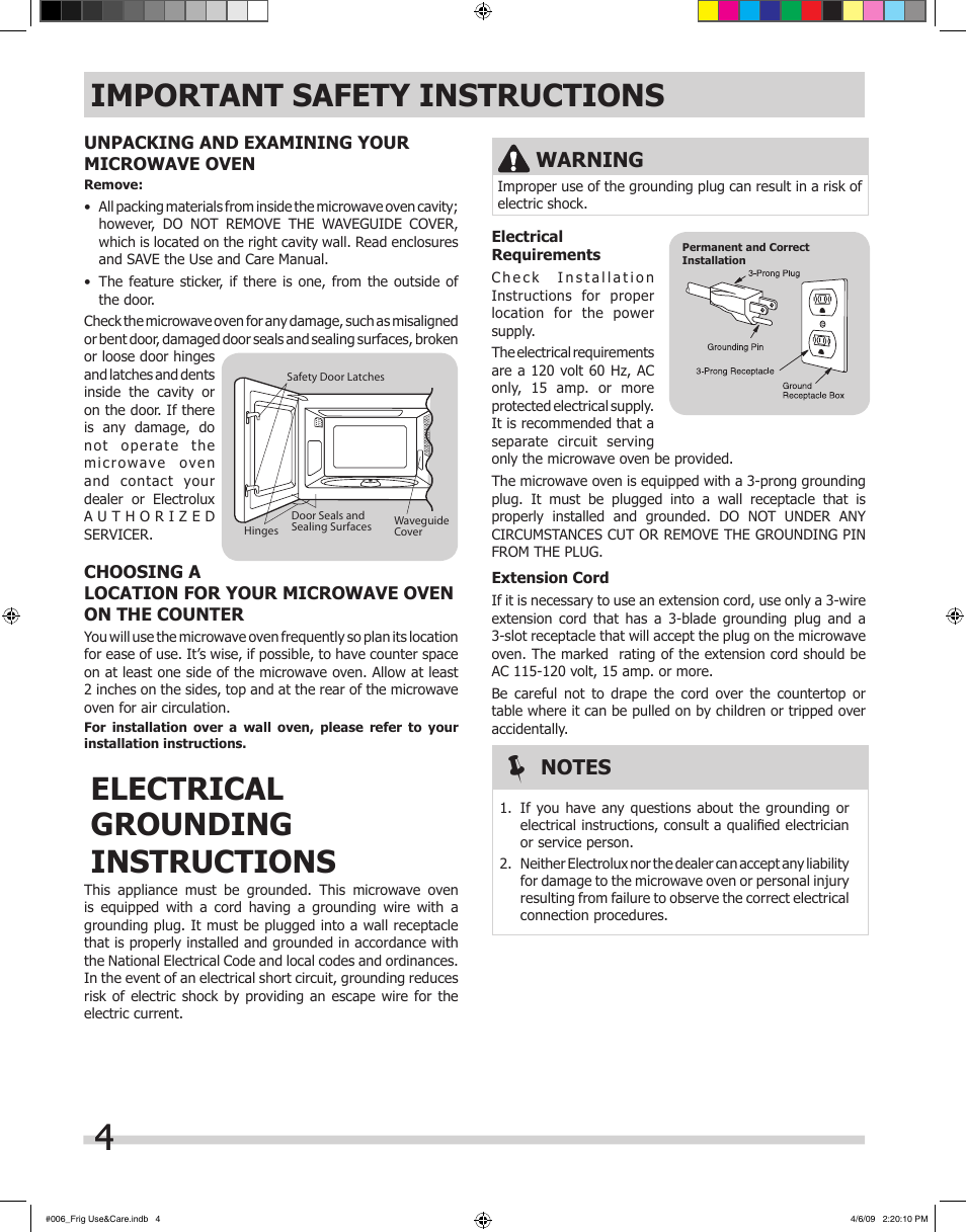 Important safety instructions, Electrical grounding instructions, Warning | FRIGIDAIRE 316495059 User Manual | Page 4 / 21