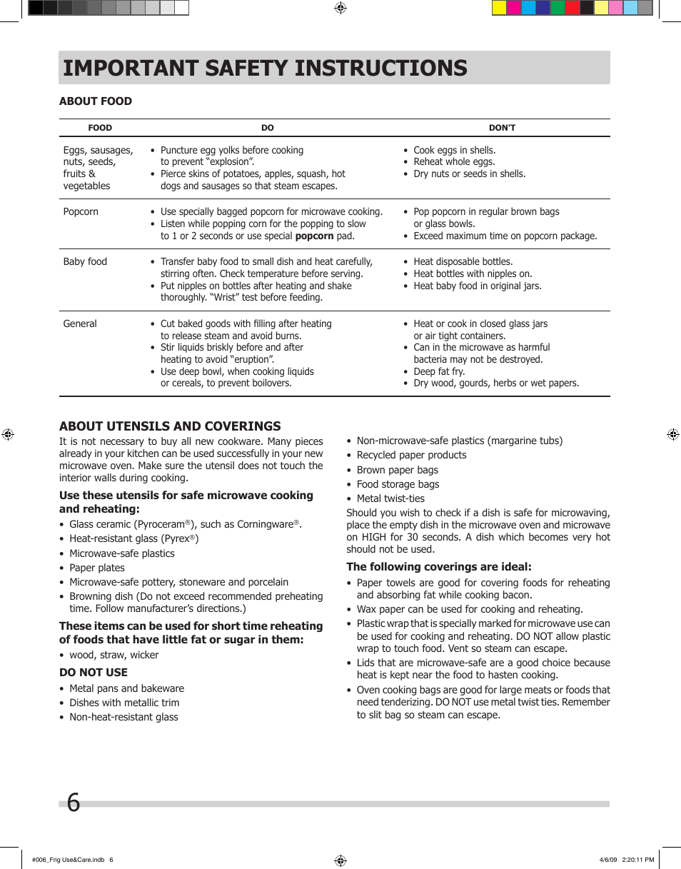 Important safety instructions | FRIGIDAIRE 316495059 User Manual | Page 6 / 21