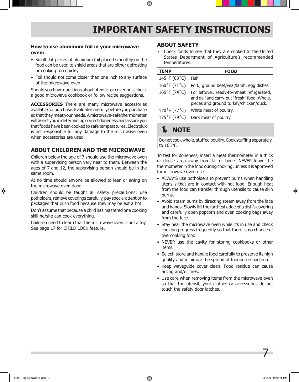 Important safety instructions | FRIGIDAIRE 316495059 User Manual | Page 7 / 21