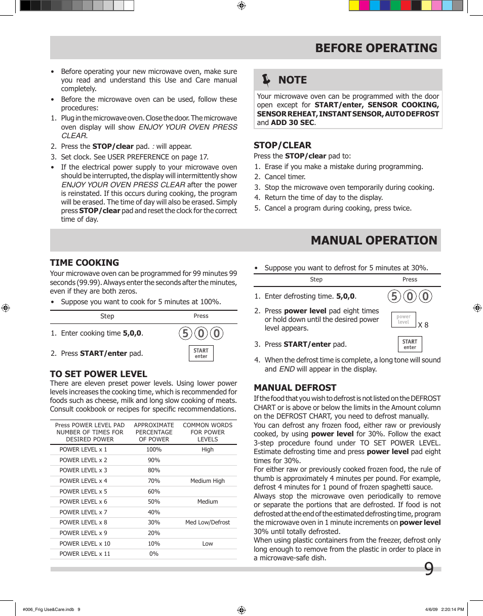 Before operating manual operation | FRIGIDAIRE 316495059 User Manual | Page 9 / 21