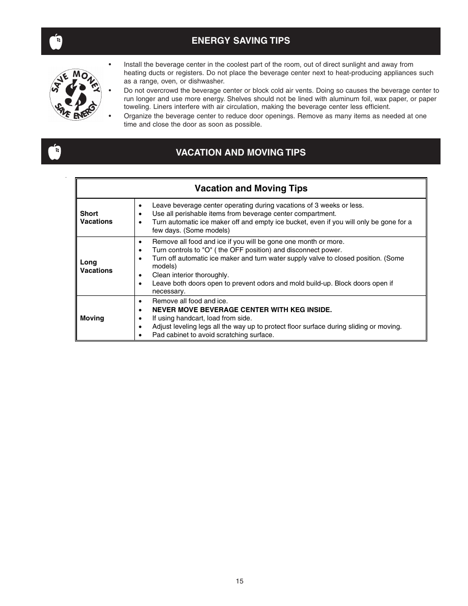 Energy saving tips, Vacation and moving tips | FRIGIDAIRE 241666500 User Manual | Page 15 / 22