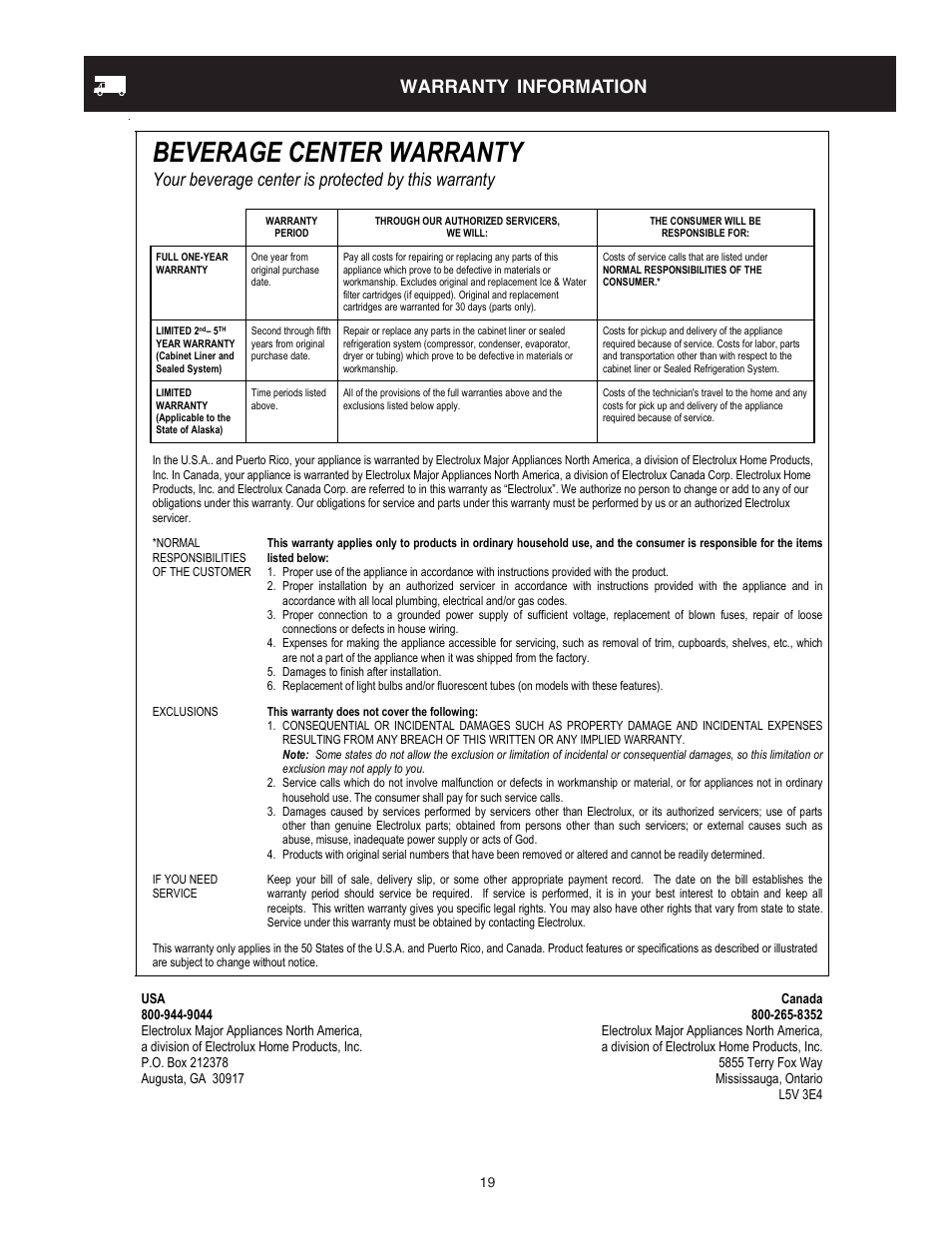 Beverage center warranty, Warranty information, Your beverage center is protected by this warranty | FRIGIDAIRE 241666500 User Manual | Page 19 / 22