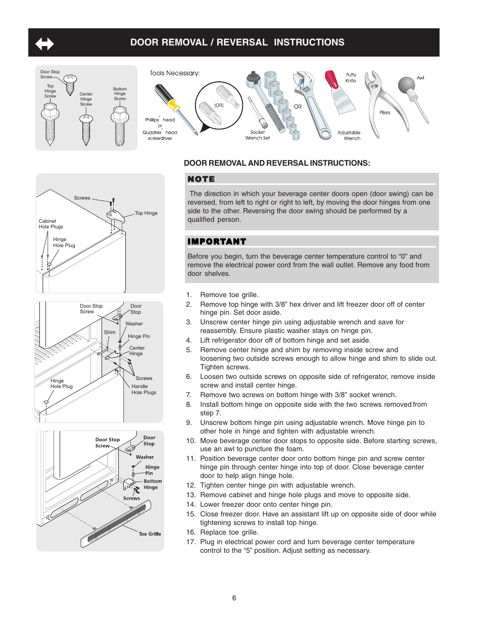 Door removal / reversal instructions | FRIGIDAIRE 241666500 User Manual | Page 6 / 22