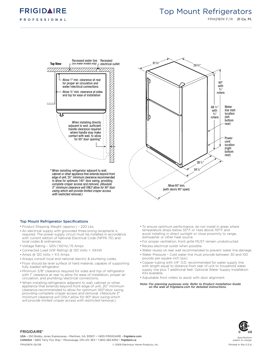 Top mount refrigerator - 21 cu. ft. professional, Top mount refrigerators | FRIGIDAIRE FPHI2187k F/R* User Manual | Page 2 / 2