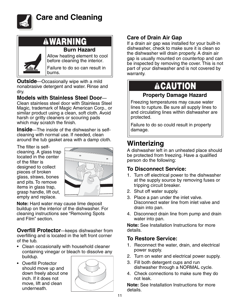 Care and cleaning, Winterizing | FRIGIDAIRE 650 Series User Manual | Page 11 / 16