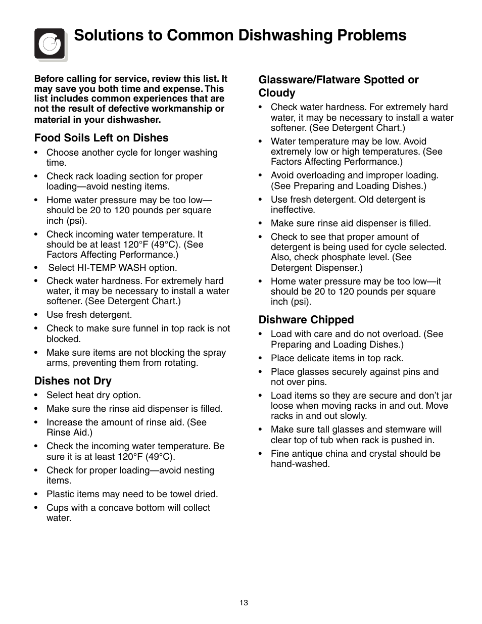 Solutions to common dishwashing problems | FRIGIDAIRE 650 Series User Manual | Page 13 / 16