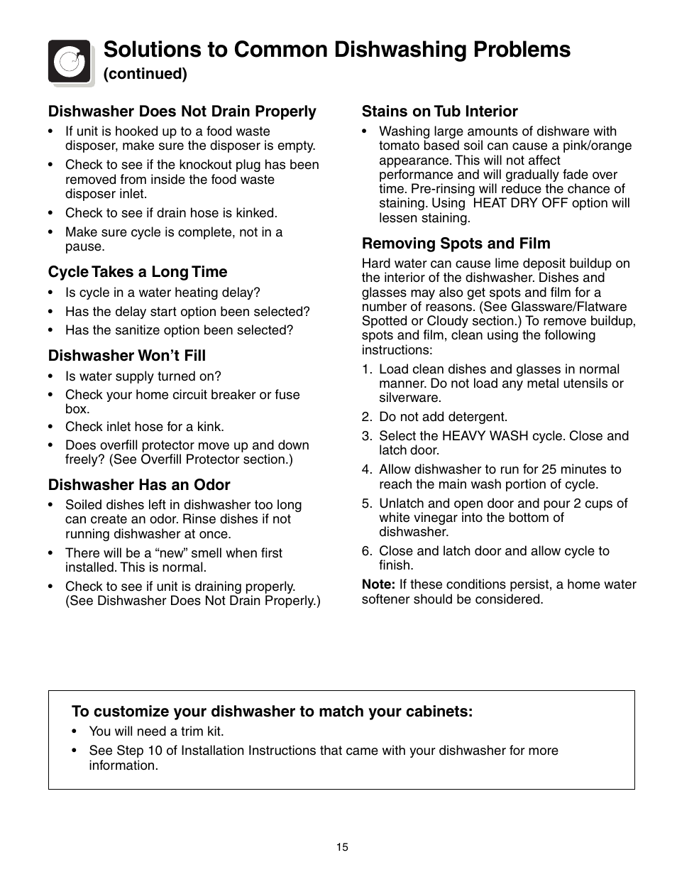 Solutions to common dishwashing problems | FRIGIDAIRE 650 Series User Manual | Page 15 / 16