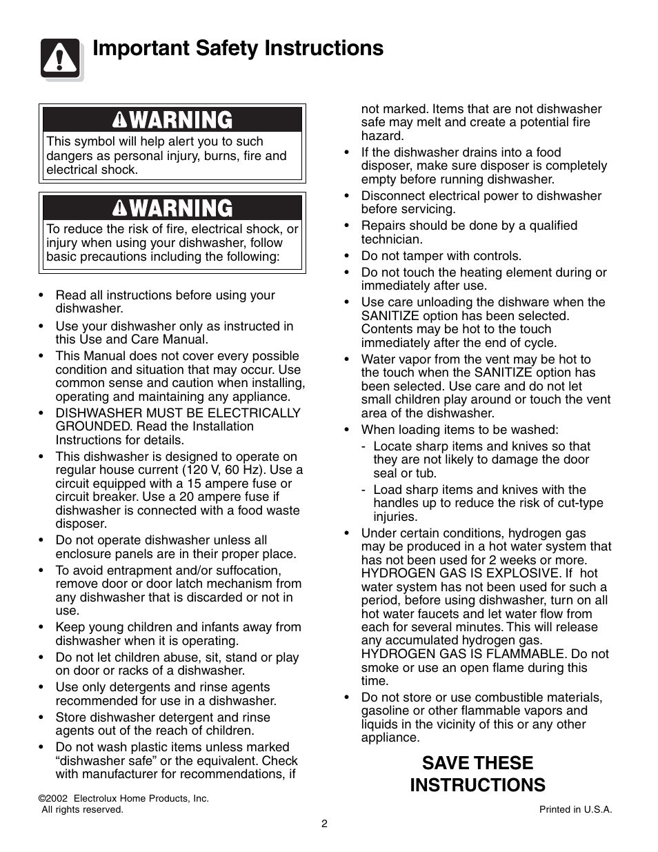 Important safety instructions, Save these instructions | FRIGIDAIRE 650 Series User Manual | Page 2 / 16