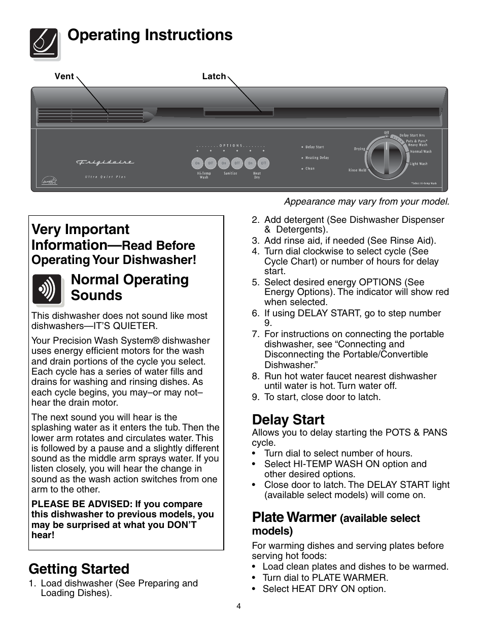 Operating instructions, Very important information, Normal operating sounds | Delay start, Plate warmer, Getting started, Read before operating your dishwasher | FRIGIDAIRE 650 Series User Manual | Page 4 / 16